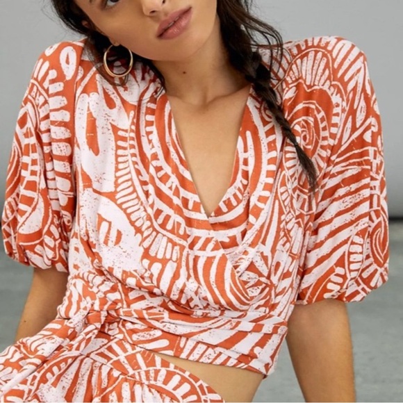 Anthropologie Tops - Anthropologie Burnt Orange TerracotaTropical Plunge V-Neck Tie Front Crop Top XS